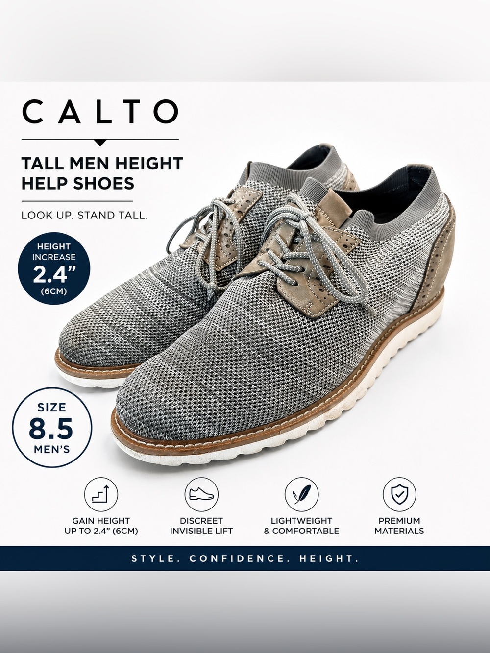 CALTO Gray Knit Elevator Shoes | Men’s Size 8.5 | Height Increase Sneakers